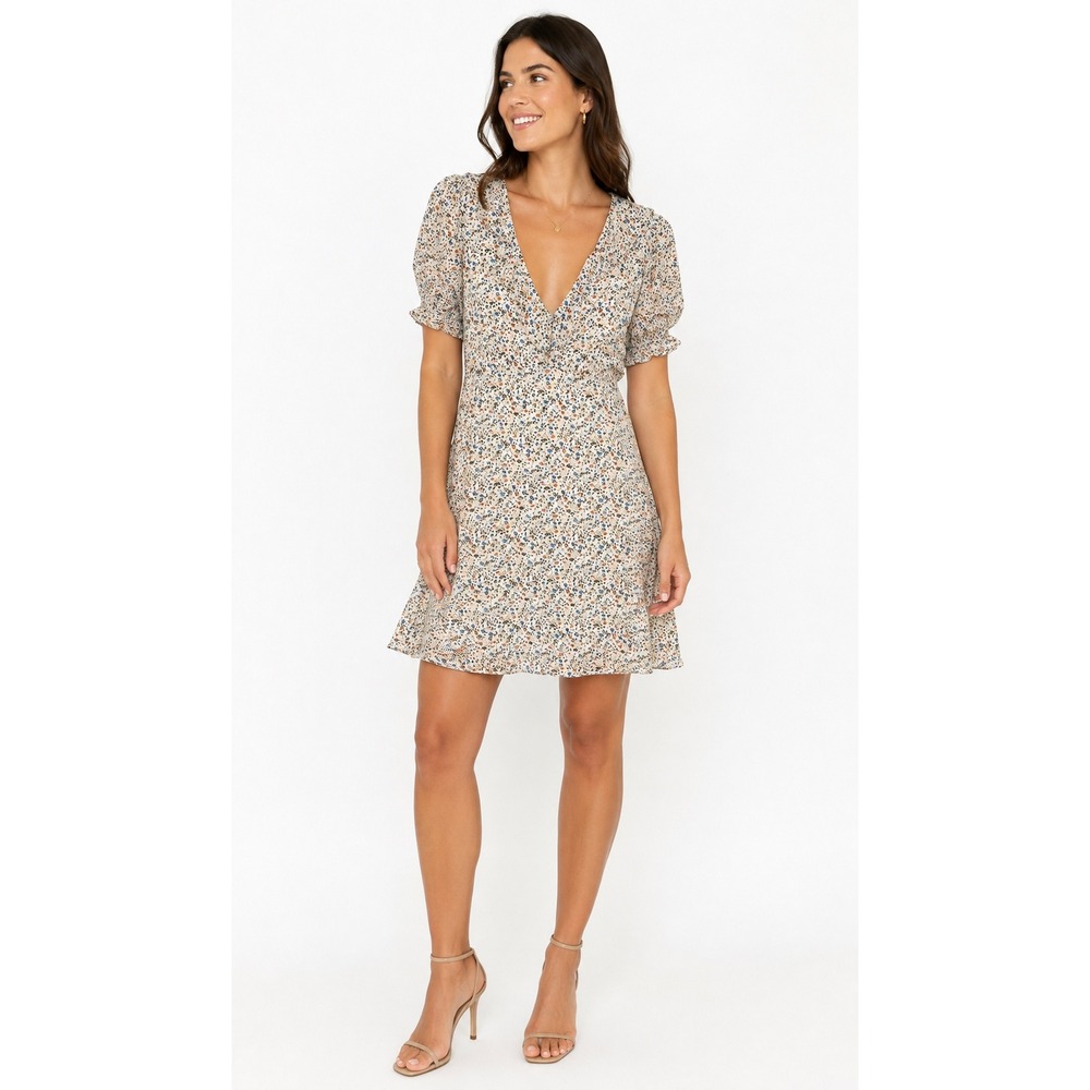 Madewell 100% Silk Ditsy Floral Ruffle V-Neck Mini Dress Cream/Blue/Rust Sz 4